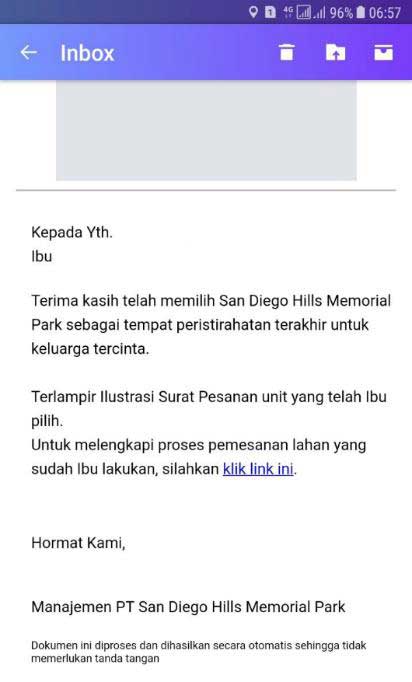 Notifikasi Email menuju Surat Pesanan San Diego Hills Memorial Park