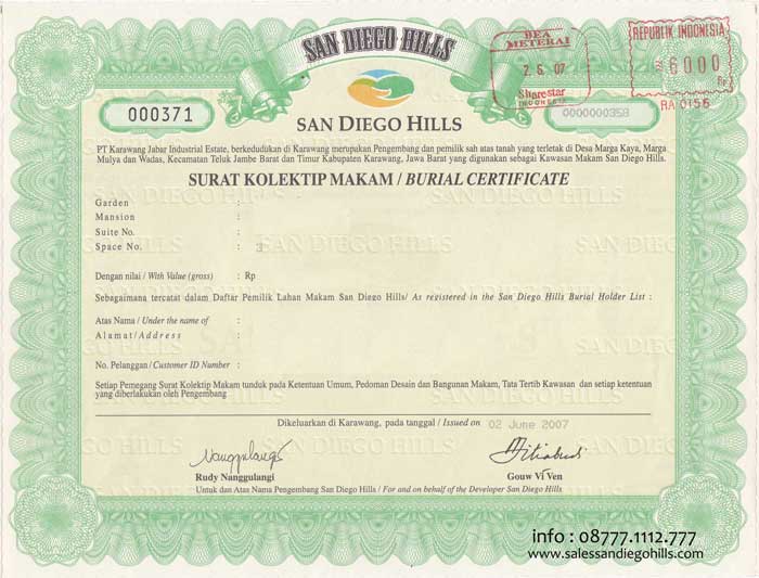 surat sertifikat makam "surat kolektif makam" san diego hills