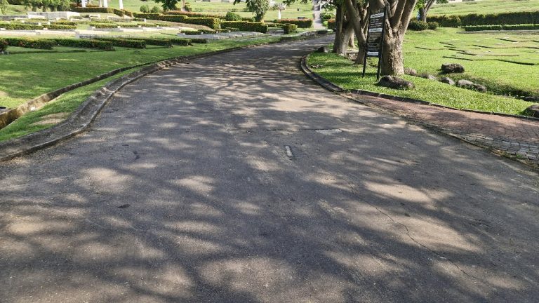 Jalan beraspal lebar dan teduh di dalam kawasan San Diego Hills