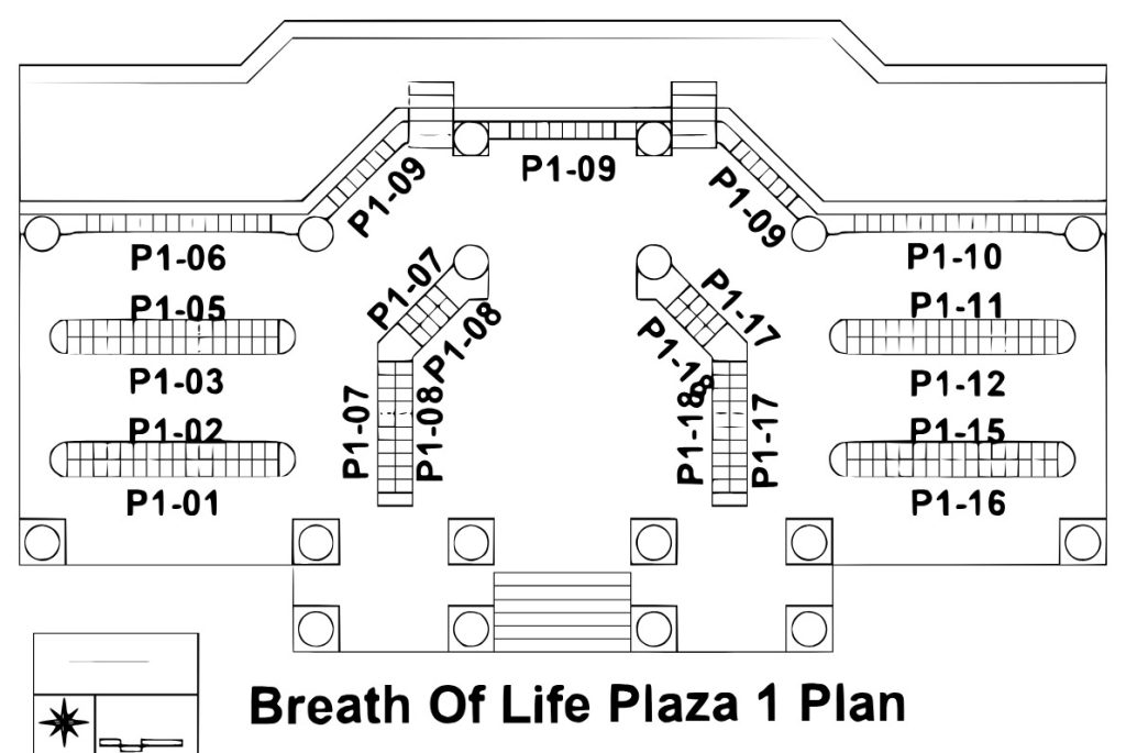 Peta posisi rumah abu (columbarium) Breath Of Life Plaza 1 San Diego Hills, menunjukkan nomor unit P1-01 sampai P1-18