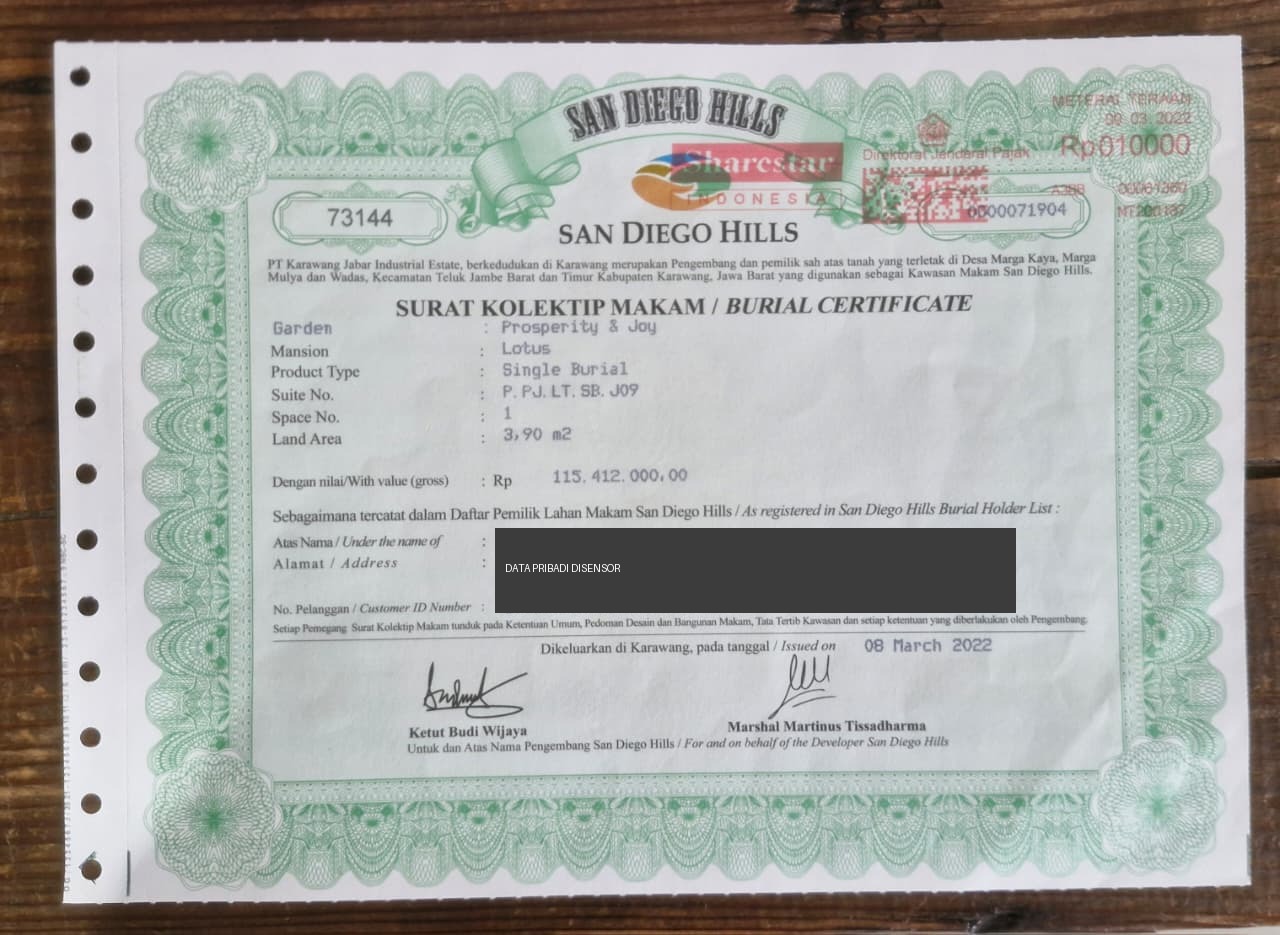 Contoh Surat Kolektif Makam (SKM) San Diego Hills dengan data pribadi disensor