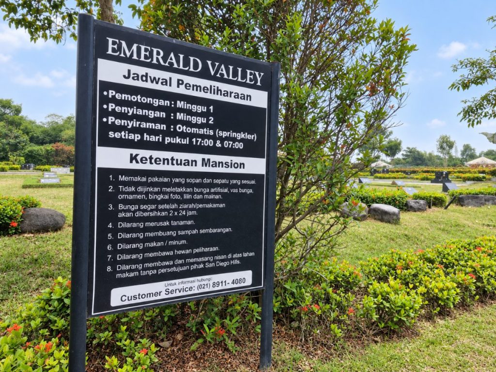 Papan jadwal pemeliharaan dan ketentuan mansion di Emerald Valley San Diego Hills