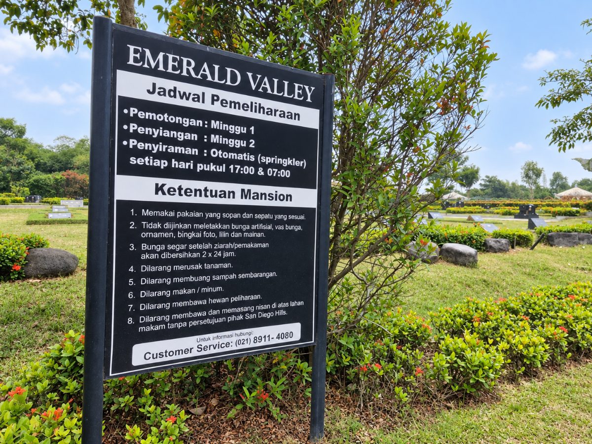 Papan jadwal pemeliharaan dan ketentuan mansion di Emerald Valley San Diego Hills