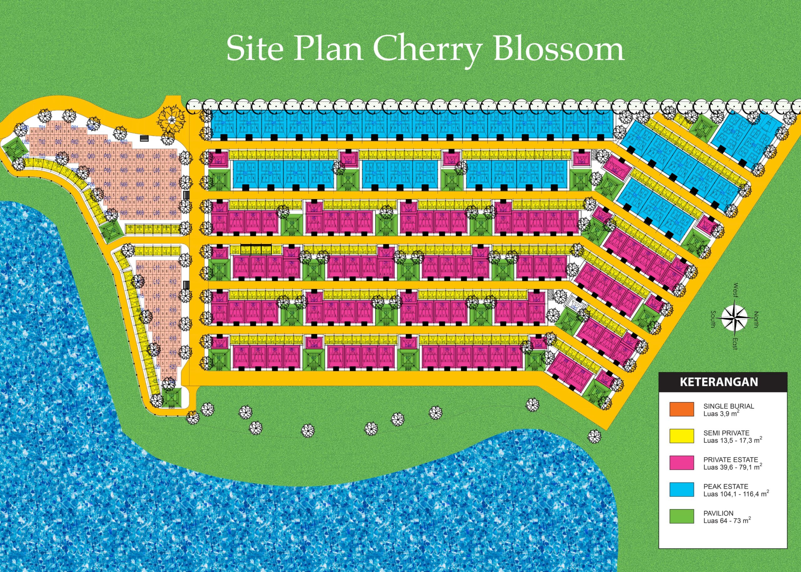 Site plan Cherry Blossom San Diego Hills menampilkan 5 tipe makam: Single Burial, Semi Private, Private Estate, Peak Estate, dan Paviliun