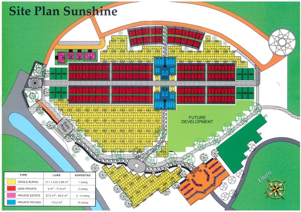 Site plan resmi Sunshine San Diego Hills menampilkan tipe Single Burial, Semi Private, Private Estate, dan Private Patung