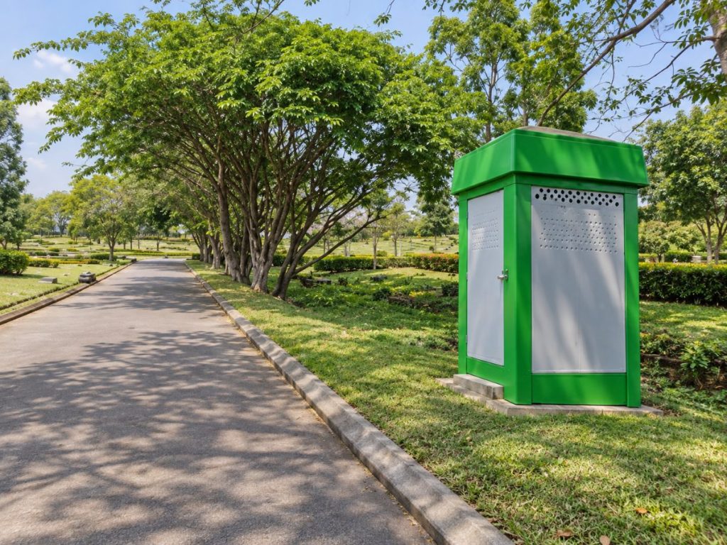 Toilet portable hijau di tepi jalan taman pemakaman San Diego Hills yang rindang