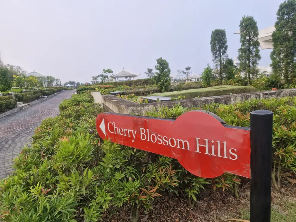 Papan penunjuk Cherry Blossom Hills San Diego Hills dengan taman hijau di sekitarnya