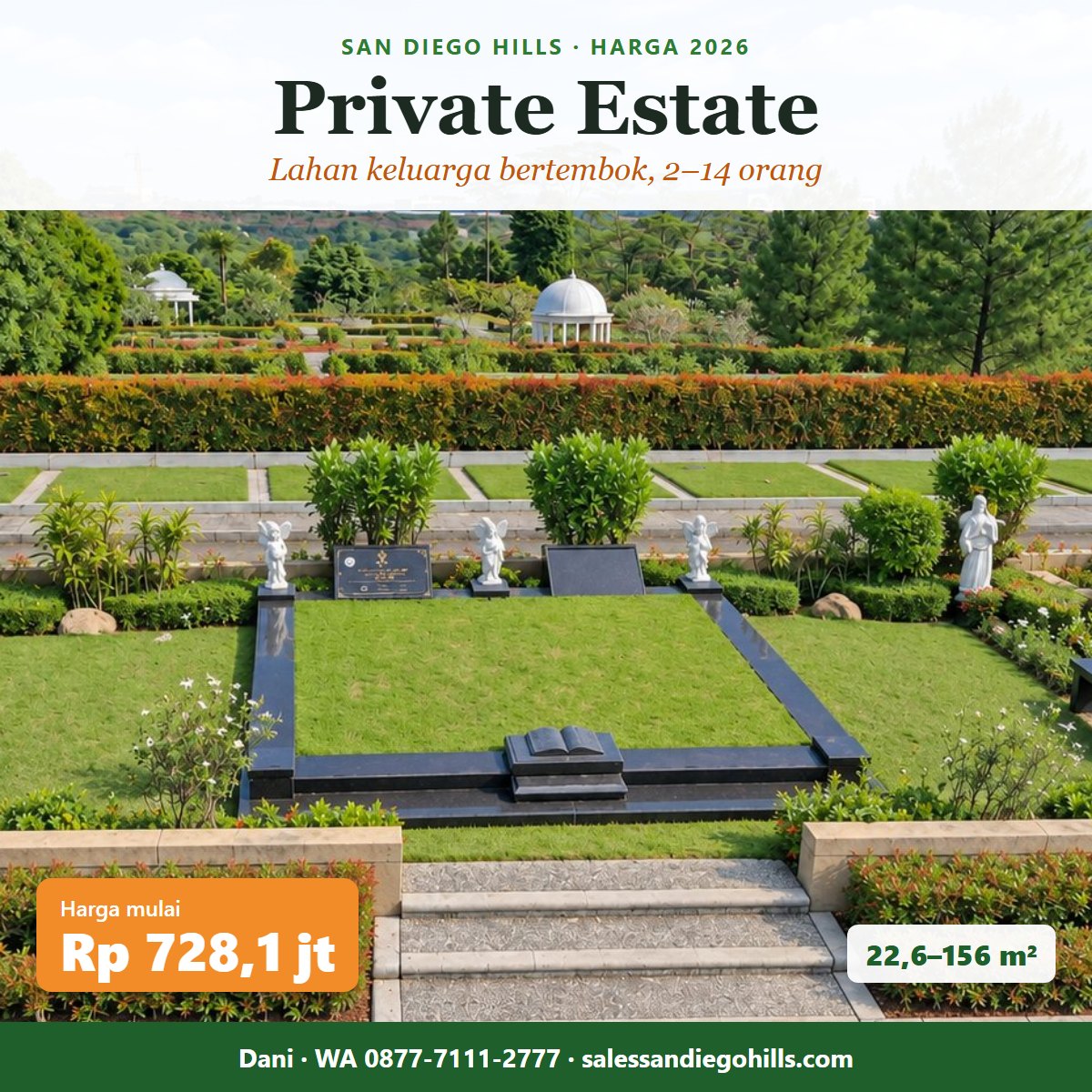 Harga Private Estate San Diego Hills 2026 mulai Rp 728,1 juta, lahan keluarga bertembok 22,6–156 m² untuk 2–14 orang
