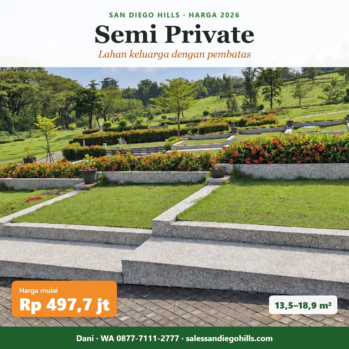 Harga Semi Private San Diego Hills 2026 mulai Rp 497,7 juta, lahan keluarga dengan pembatas 13,5–18,9 m²
