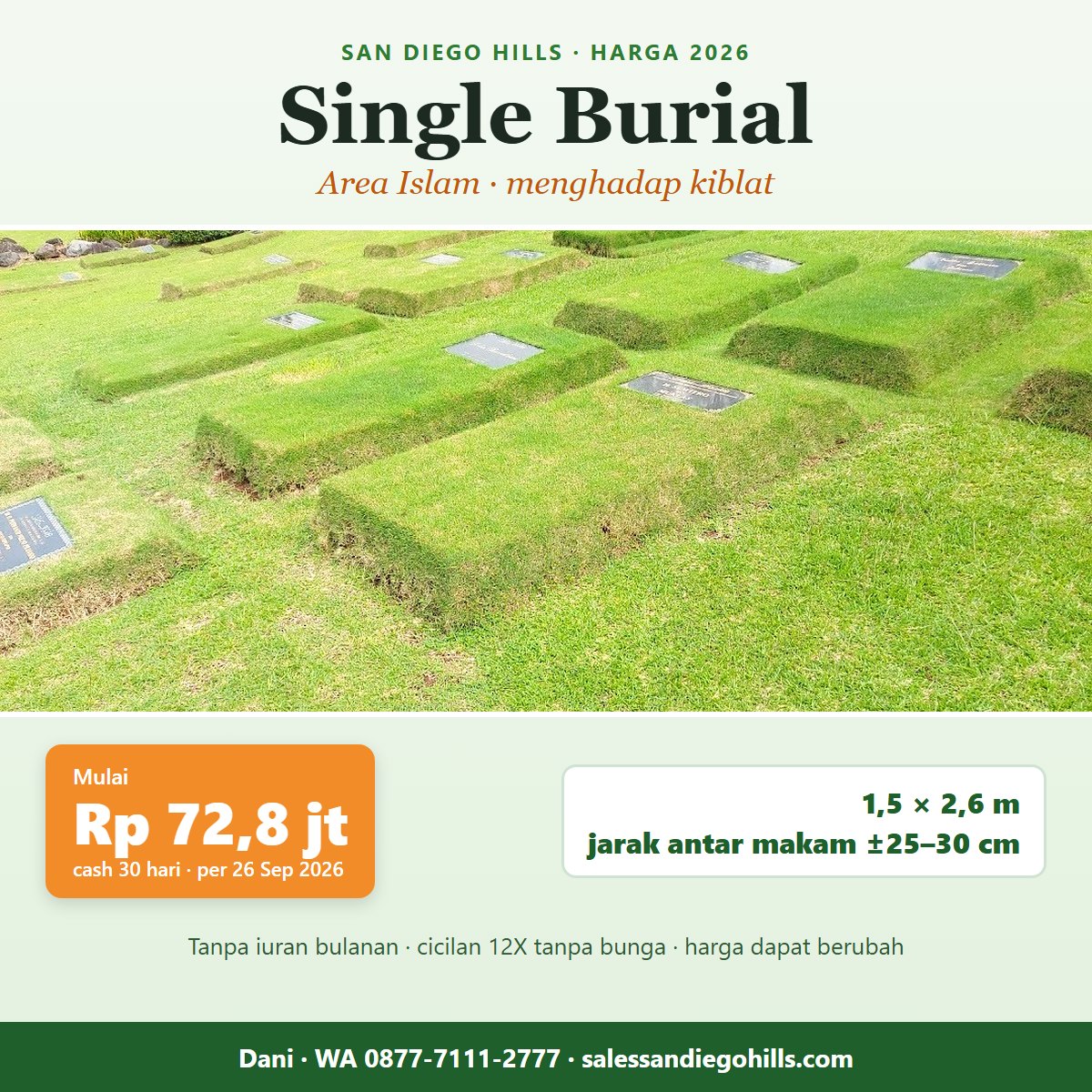 Harga Single Burial area Islam San Diego Hills 2026 mulai Rp 72,8 juta, makam 1 orang ukuran 1,5 × 2,6 m menghadap kiblat dengan jarak antar makam sekitar 25–30 cm