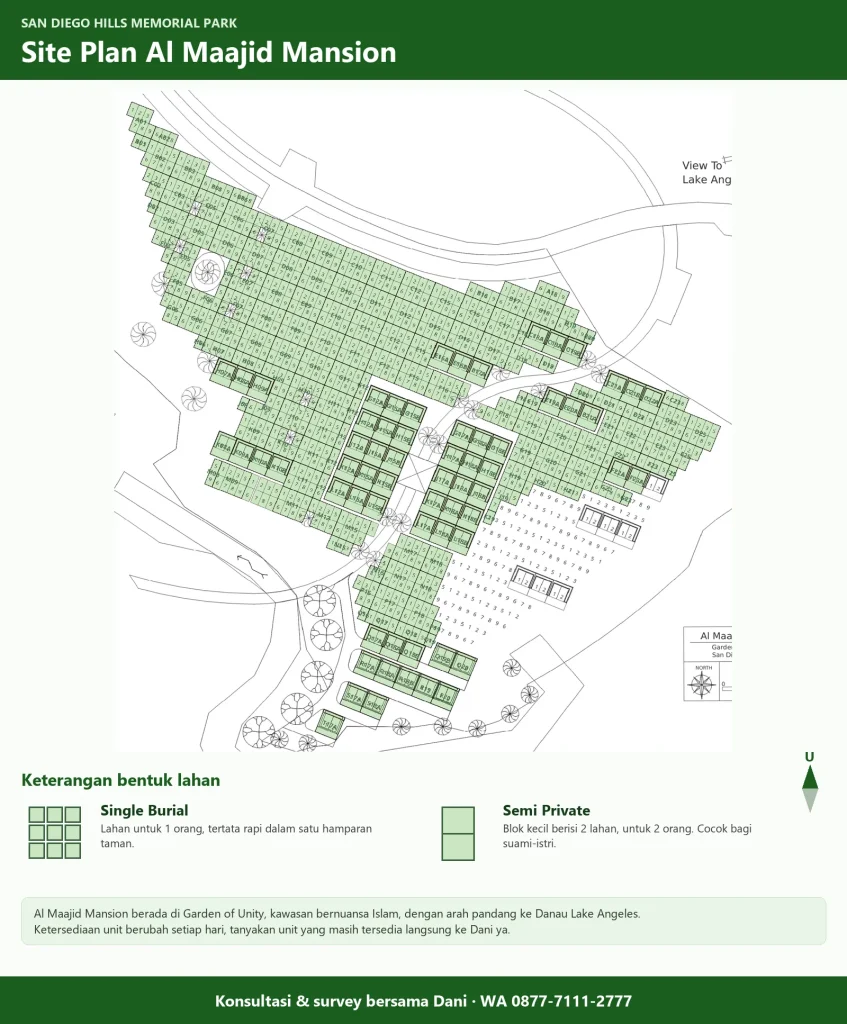 Site plan Al Maajid Mansion San Diego Hills: denah blok dengan bentuk lahan Single Burial dan Semi Private