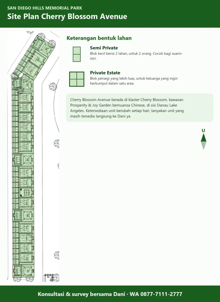 Site plan Cherry Blossom Avenue San Diego Hills: denah blok dengan bentuk lahan Semi Private dan Private Estate