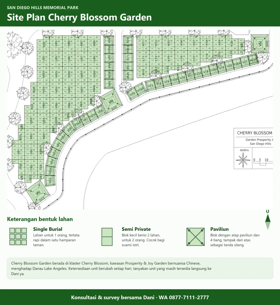 Site plan Cherry Blossom Garden San Diego Hills: denah blok dengan bentuk lahan Single Burial, Semi Private, dan Paviliun